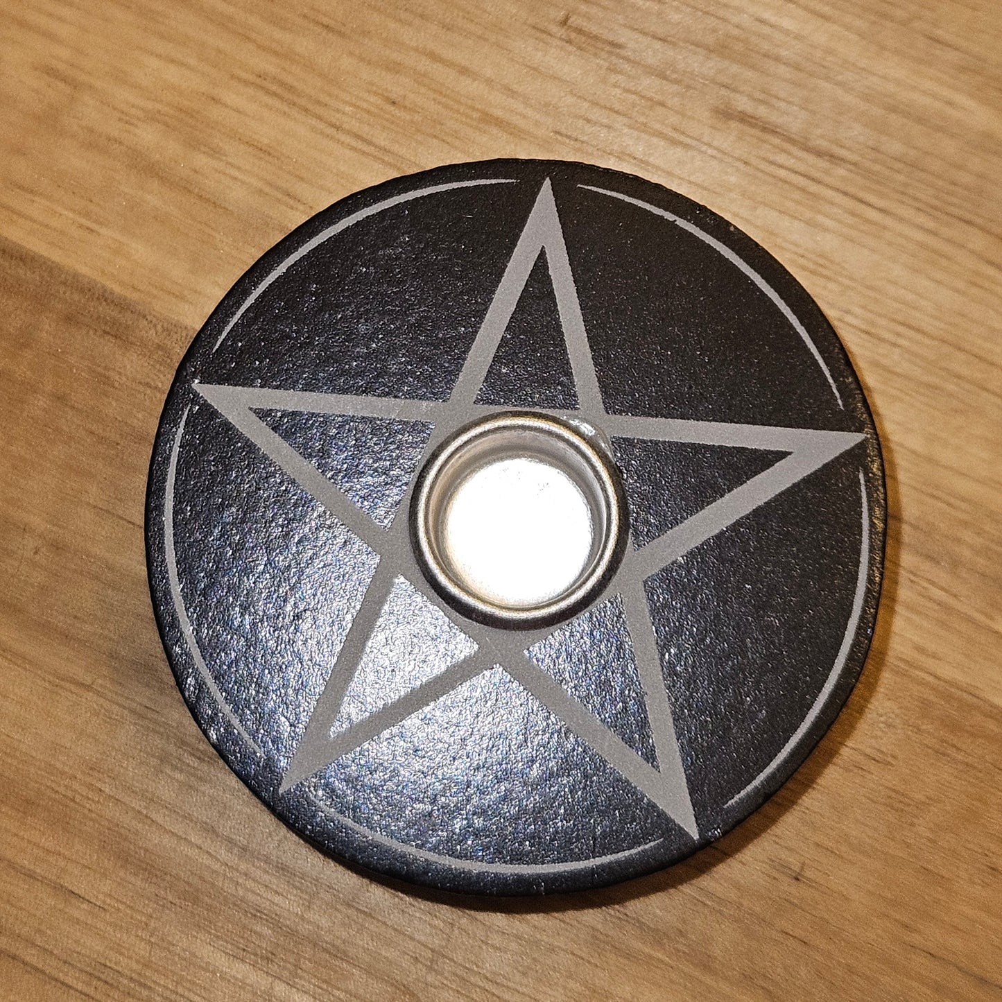 Black Wooden Spell Candle Holder with Grey Pentagram
