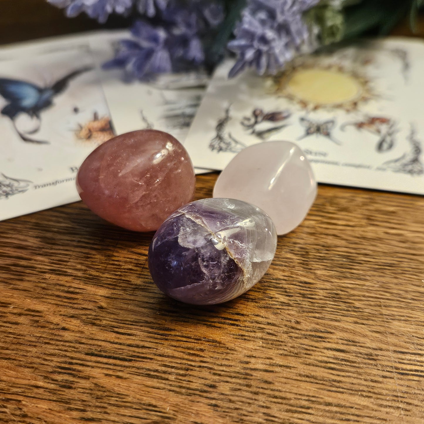 Crystal Healing Bundle for Anxiety & Relaxation – Amethyst, Rose Quartz, Strawberry Quartz