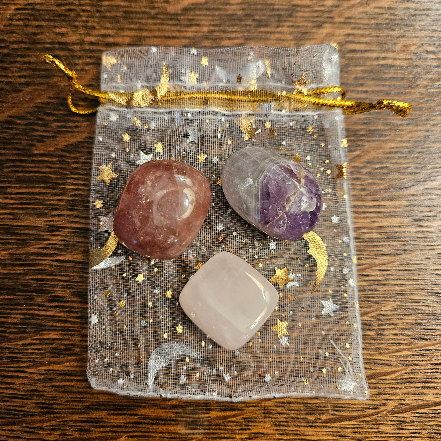 Crystal Healing Bundle for Anxiety & Relaxation – Amethyst, Rose Quartz, Strawberry Quartz