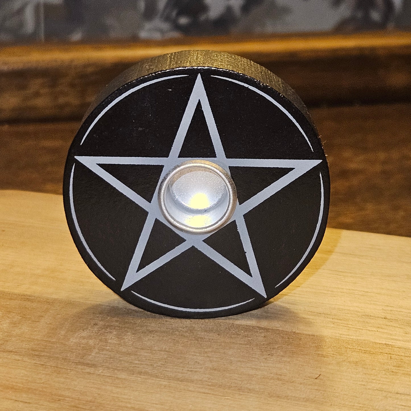 Black Wooden Spell Candle Holder with Grey Pentagram