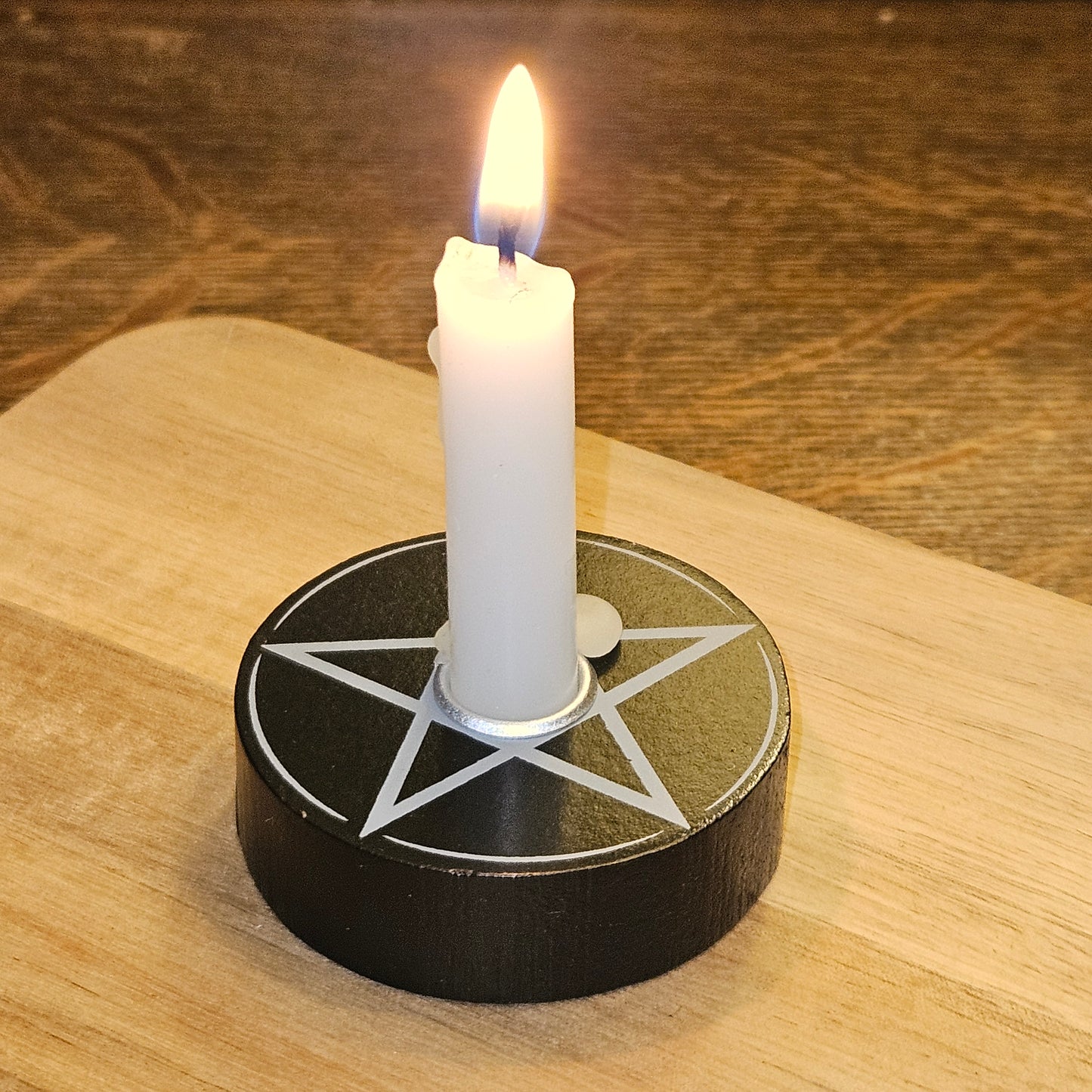 Black Wooden Spell Candle Holder with Grey Pentagram